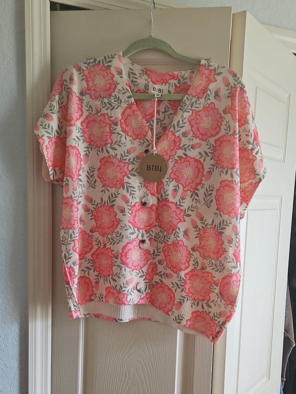 BiBi Pink Floral Button-Down Short Sleeve Sweater
